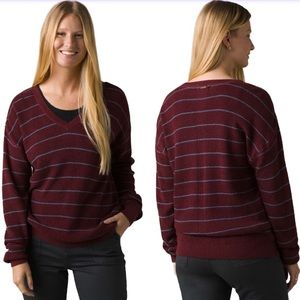 PRANA Women's Milani V-Neck Shirt Maroon Stripe Size Medium New